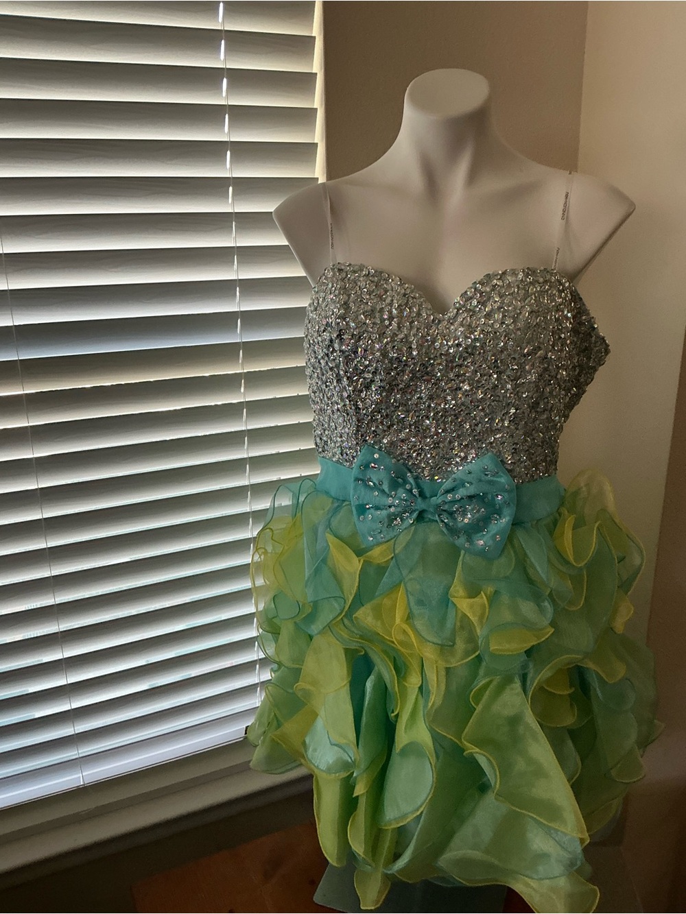 Narianna strapless Silver Sequin Bodice Aqua and Lime Ruffled Party Dress